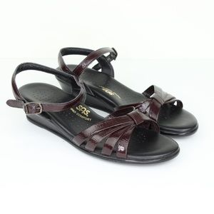 SAS Brown Patent Leather Low Wedge Strappy Sandals Size 8